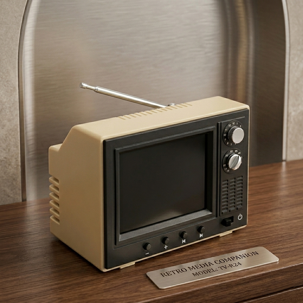 Mini TV Rétro Rétrovue - coloris Ivoire posée sur un meuble en bois