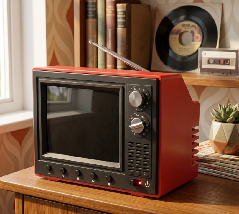 Mini Tele Retro rojo atomico sobre estanteria con vinilos